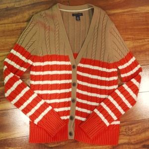 Tommy Hilfiger large V-neck orange & tan cardigan sweater